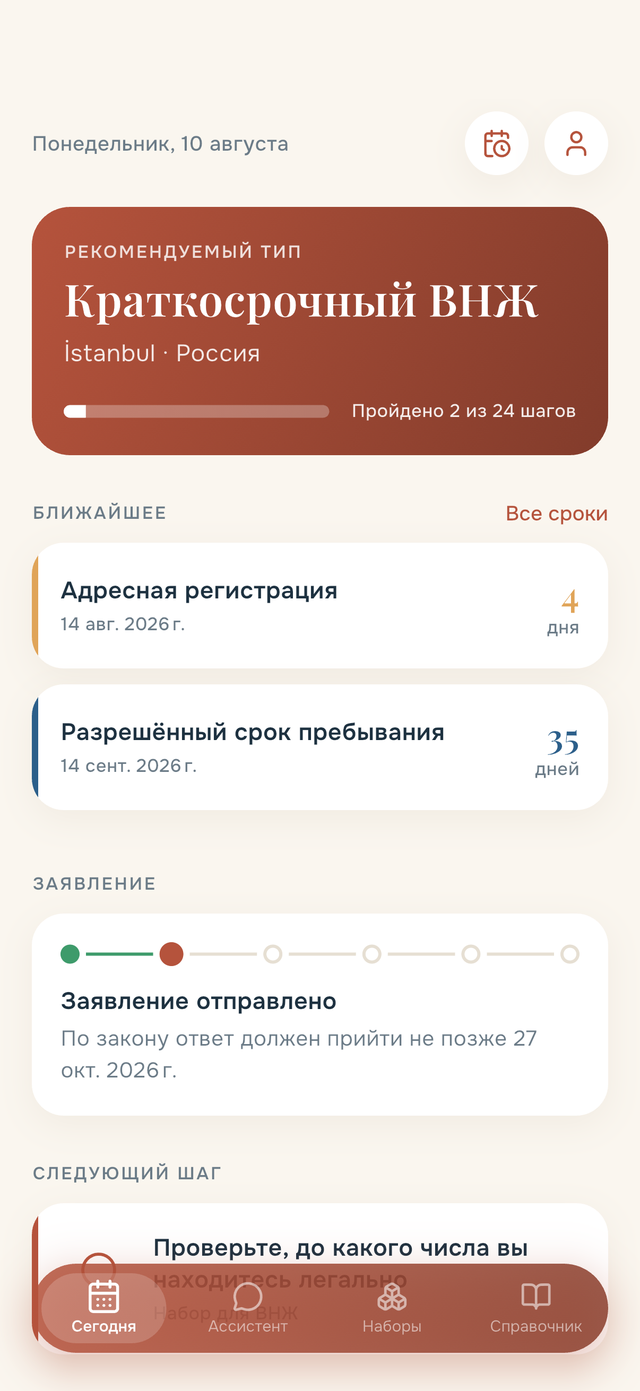 Главный экран: тип ВНЖ, ближайшие сроки и этап заявления