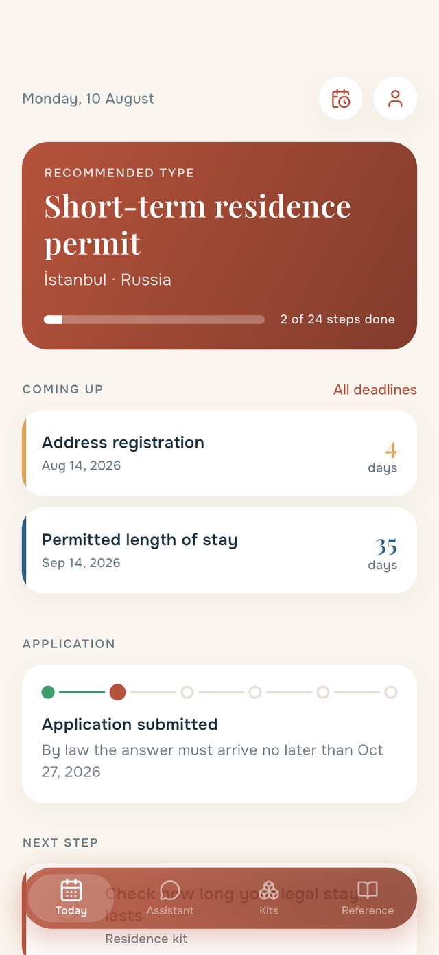 Home screen: permit type, upcoming deadlines and application stage