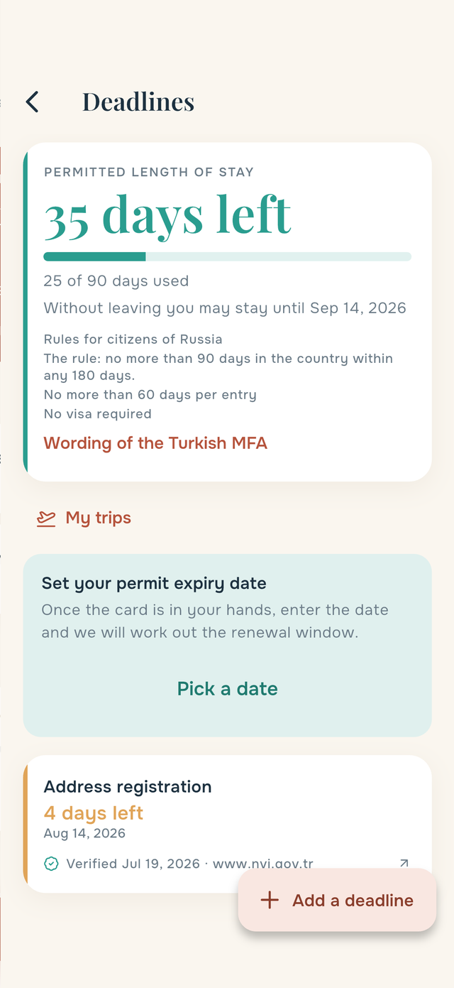 Deadlines screen: permitted stay counter and the list of deadlines