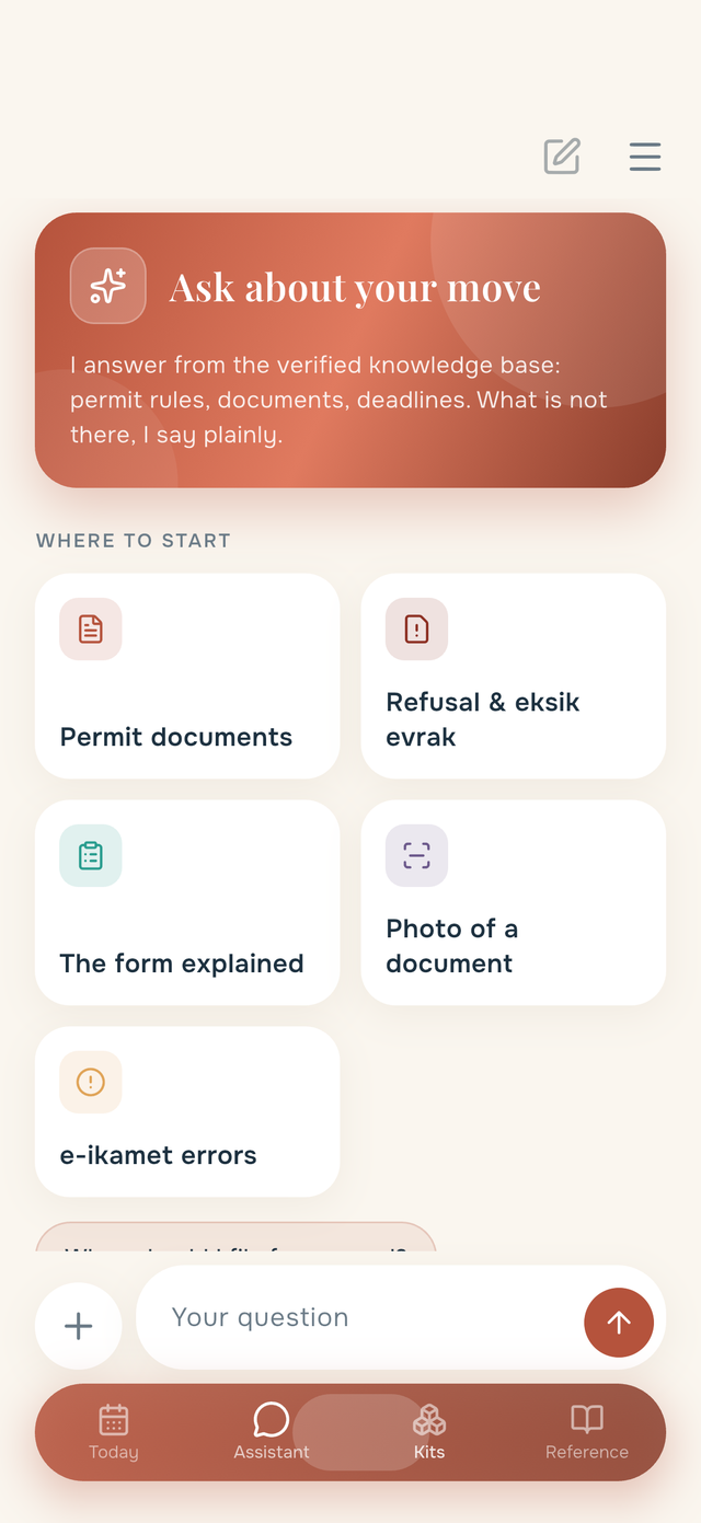Assistant screen with tiles: documents, refusal, form guide, scanner